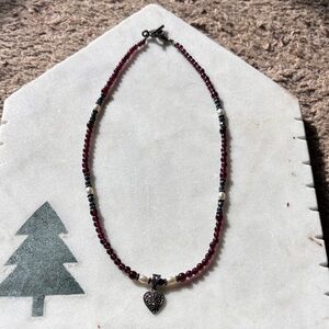 Handmade Garnet Bead Necklace with Heart Pendant - Red
